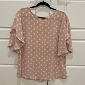 Blush Pink Blouse with Ruffle Sleeves and White Polka Dots. Large